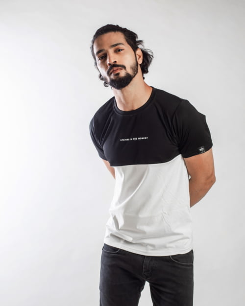 men black and white colorblocked tshirt